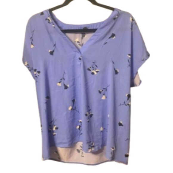 Ann Taylor Violet Short Sleeve V Neck Floral White Black Floral Pattern Blouse L - Picture 1 of 1